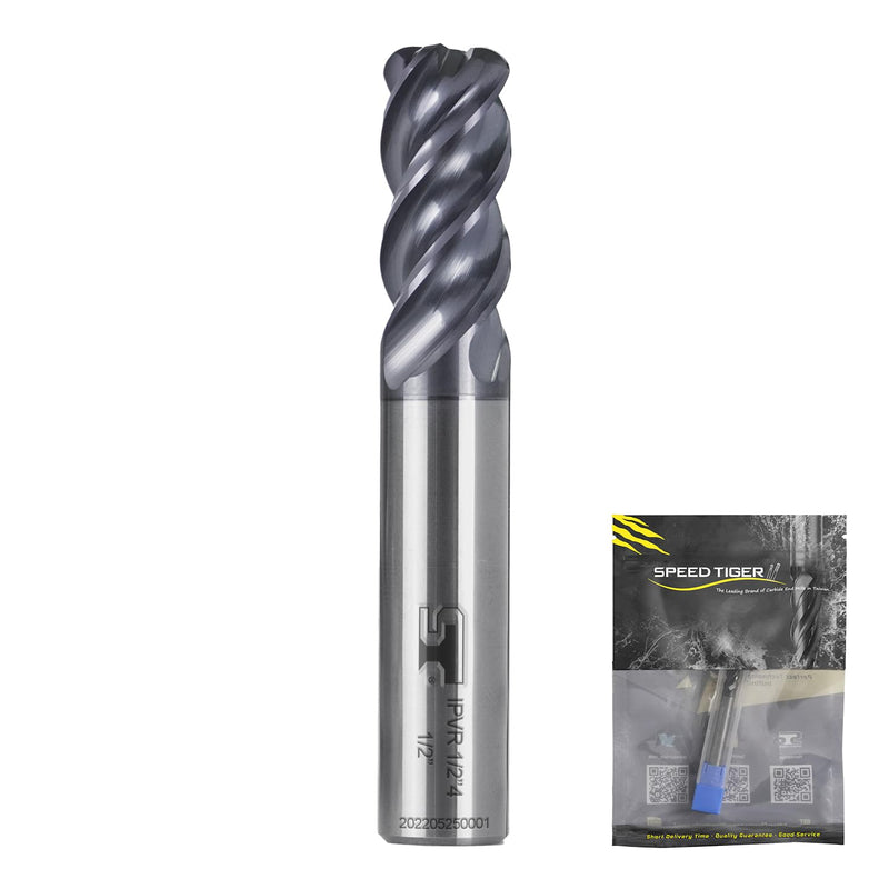 SPEED TIGER Carbide Corner Radius End Mill - 4 Flute - IPVR1T3/8 0.03" 4 (1 Piece, R0.03, 3/8") - Unequal Flute Spacing & Helix Design - for Titanium - Mill Bits Sets for DIYers & Professionals 3/8 in