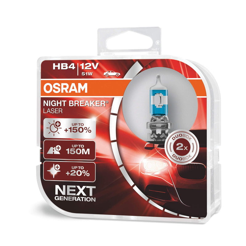 OSRAM NIGHT BREAKER LASER HB4/9006, next generation, 150% more brightness, halogen headlamp, 9006NL-HCB, 12V, passenger car, duo box (2 lamps)