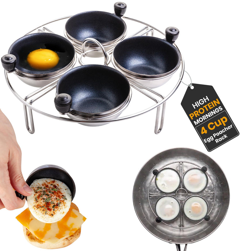 Eggssentials Egg Poacher Insert Stainless Steel Poached Egg Cooker Eggs Poaching Cup PFOA Free Egg Poachers Nonstick, 7.25" Rack Compatible with Current Cookware, Skillets & Instant Pots 4 Cup Egg Poacher