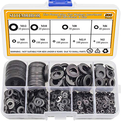 Black Zinc Plated Alloy Steel Flat Washers Set 580 Pieces, 9 Sizes - M2 M2.5 M3 M4 M5 M6 M8 M10 M12 Black Washers Assortment Kit (580 Pieces)
