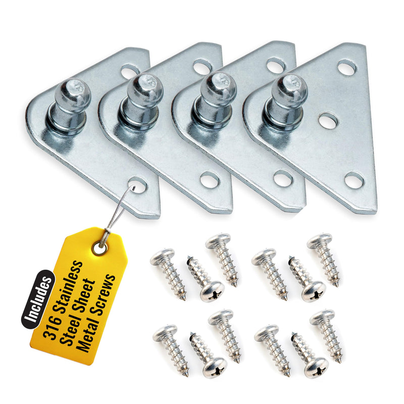 10MM Ball Stud Mounting Silver Bracket for Gas Struts - Heavy Duty Lift Support Shock Brackets with Stainless Steel Screws - Ideal for Spring Hood Struts & Closer Piston Prop Mounts – x4 Flat x4 Flat 10mm
