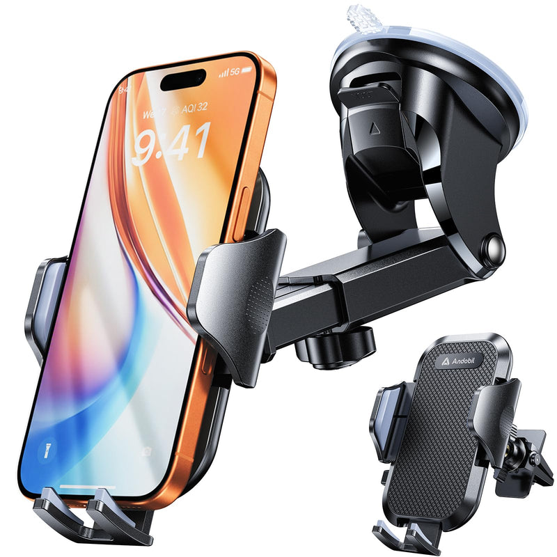 andobil Military-Grade Phone Holders for Your Car 【89+ LBS Strongest Suction & Metal Clip】 2026 Ultimate Car Phone Holder, Dashboard Windshield Vent Cell Phone Car Mount for iPhone Sumsung Android Black
