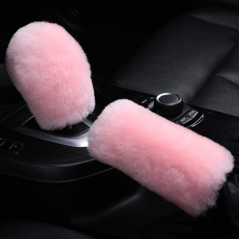 Fluffy Natural Fur Sheepskin Car Gear Shift Handle Level Stick Knob Covers for Automobile Selector Handball Collar, Handbrake Cover (Korean Pink) Korean Pink