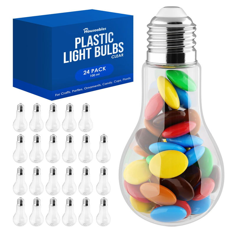 Houseables Plastic Light Bulbs, Fillable Light Bulbs, Fake Lightbulb, Plastic Lightbulbs for Crafts, Clear, Cups, Jars, Containers, Ornaments, Drink Glasses, Candy, Bottles, Party Favors, 100ML, 24PK Silver 100 ml