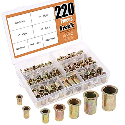 Keadic 220Pcs Metric Zinc Plated Carbon Steel Rivet Nut Flat Head Threaded Insert Nutsert Assortment Kit - 7 Sizes：M3 M4 M5 M6 M8 M10 M12