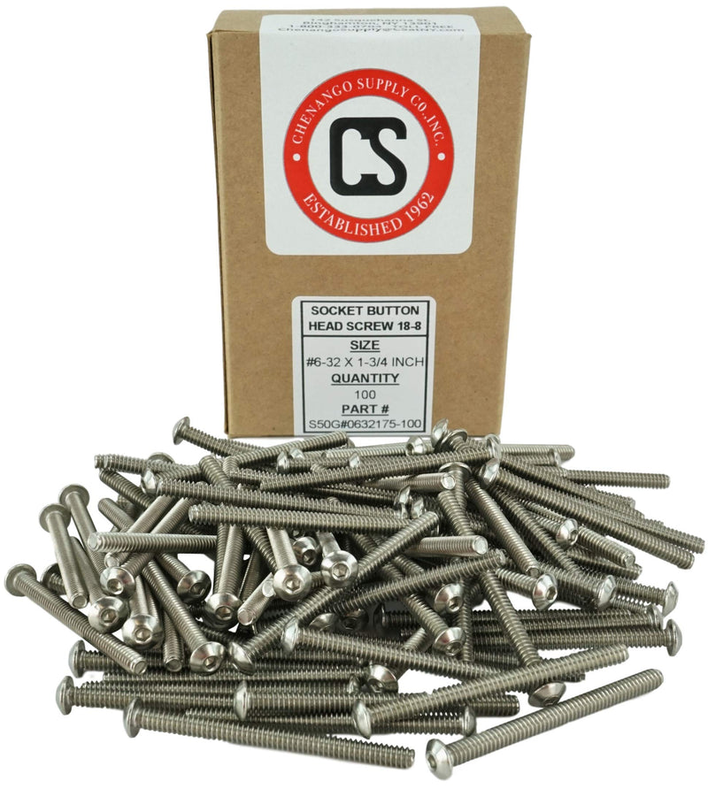 Stainless #6-32 x 1-3/4" (3/8" to 2" Available) Socket Button Head Cap Screws, Full Thread, Hex Drive, Stainless Steel 18-8, Machine Thread (6-32 x 1-3/4") 6-32 x 1-3/4"