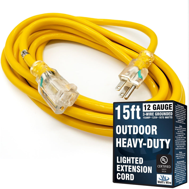 15 ft Outdoor Extension Cord Waterproof - 12 Gauge Heavy Duty Extension Cord 15 ft - Lighted Outdoor Extension Cords - Watts Wire - 15' Grounded - extensiones electricas Yellow