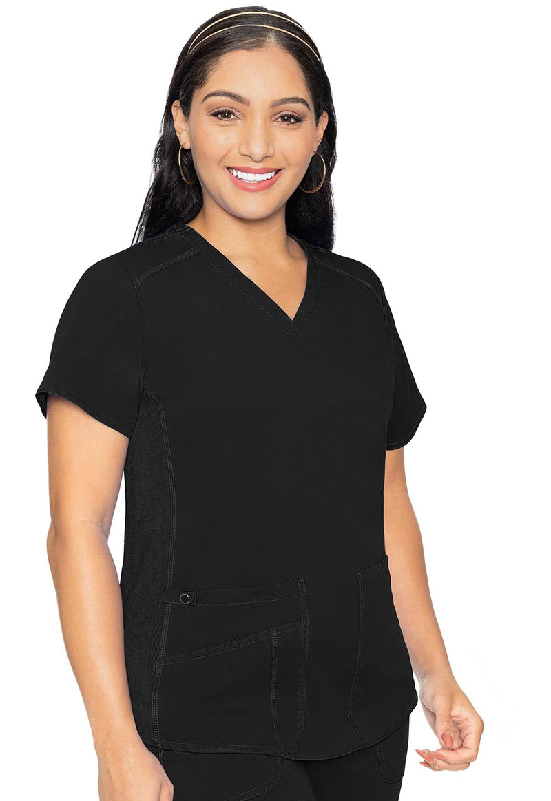 Med Couture V-Neck Scrub Top for Women with 4 Pockets, Rib-Knit Side Panel, and Shirttail Hem MC7459 Medium Black