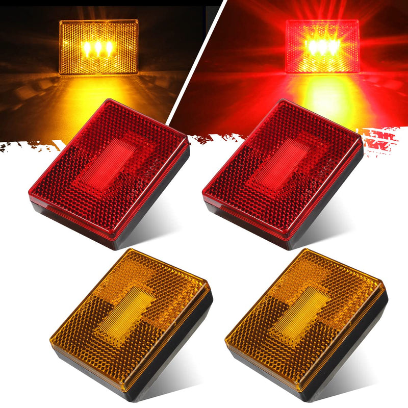 Partsam 4 Pcs(2Amber 2Red) Square LED Trailer Clearance Side Marker Light with Reflector Stud Mount 3LED, 2-4/5" Rectangular LED Truck Trailer Light Side Reflex Amber/Red