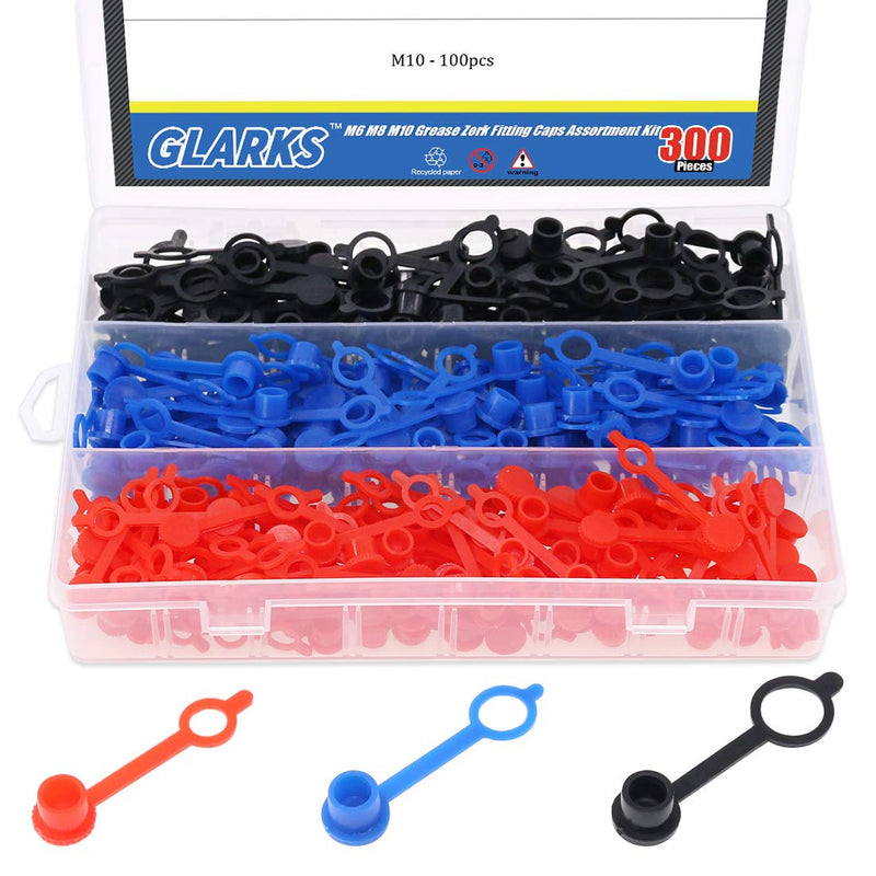 Glarks 300Pcs M6(Red) M8(Yellow) M10(Black) Grease Zerk Fitting Caps Assortment Kit Brake Bleeder Screw Caps Dust Cover With Keeper