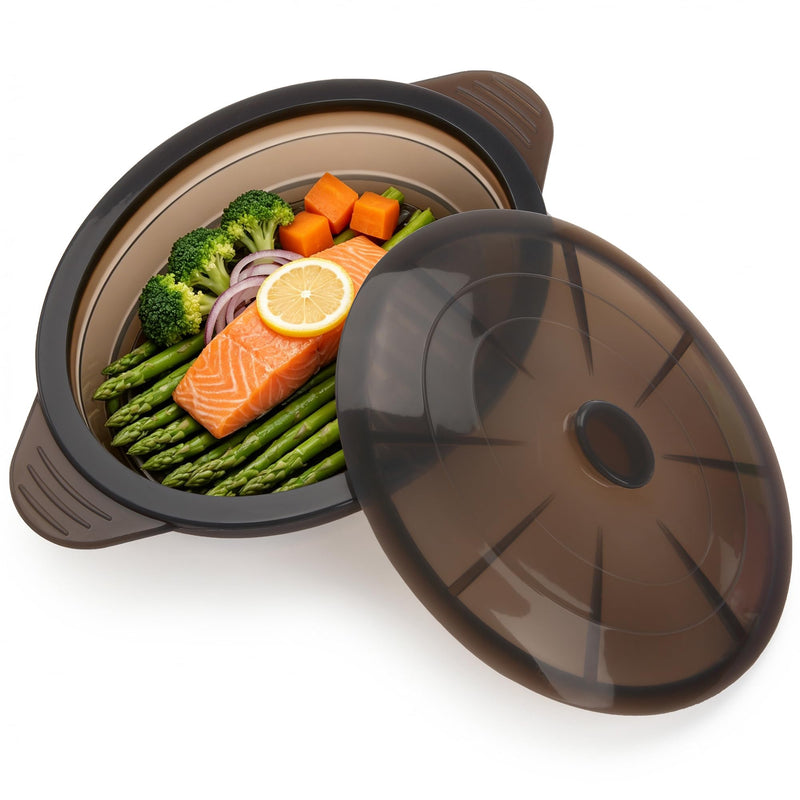 Microwave Steamer Cooker Collapsible Bowl-Silicone Steamer Cookware with Handle Lid for Vegetables Fish Prep Meal Food with Removable Rack BPA Free, Easy to Store, Freezer & Dishwasher Safe, Large Black