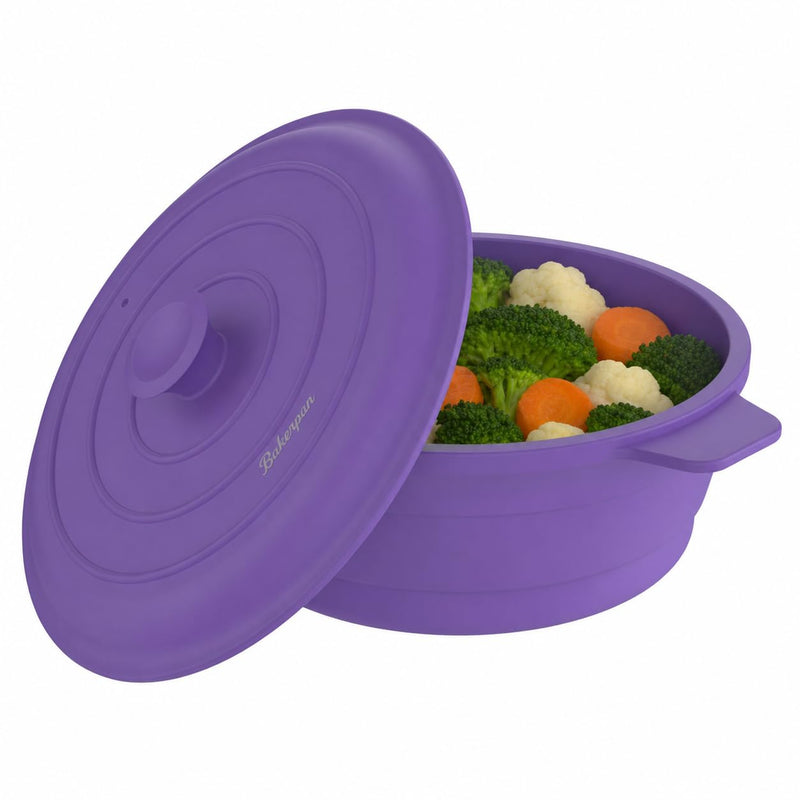 Bakerpan Collapsible Silicone Microwave Vegetable Steamer with Lid - 64 oz Silicone Steamer Pot for Cooking, Steaming & Reheating Food - BPA-Free, Dishwasher Safe 1900 ml