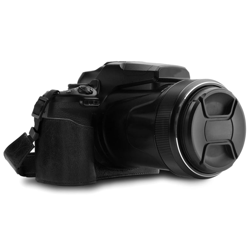 MegaGear Leather Camera Half Case & Strap Compatible with Nikon COOLPIX P1000, Ever Ready - Black