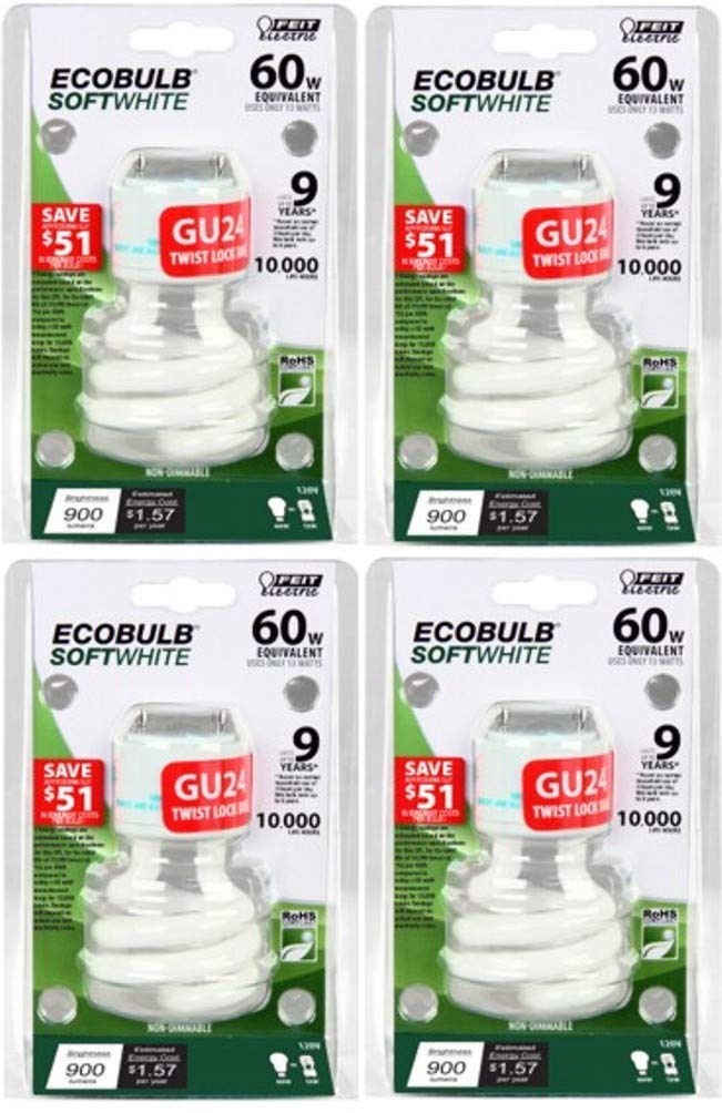 Feit Electric BPESL13T/GU24 Compact Fluorescent Lamp; 13 W; Spiral Lamp; GU24 Twist and Lock Lamp Base; 900 Lumens; Average Life Up To 10000 Hours; Pack of 4