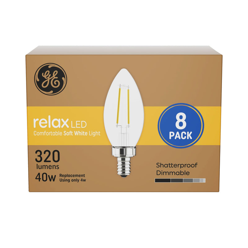 GE Relax LED Light Bulbs, Candle Light, Soft White, 40 Watts, Clear Decorative B11 Bulbs, Small Base (8 Pack)