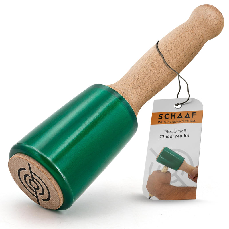 Precision Wood Carving Mallet 15oz for Woodworking, Comfortable Wooden Handle Reduces Hand Fatigue, Non-Marring Urethane Head Protects Tools, Chisel Hammer from Schaaf Tools Green Medium
