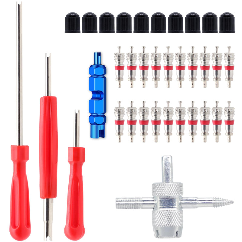 Valve Stem Removal Tool - 20Pcs Valve Cores, 10Pcs Tire Valve Caps, 4-Way Valve Tool, Valve Core Remover Tool Red