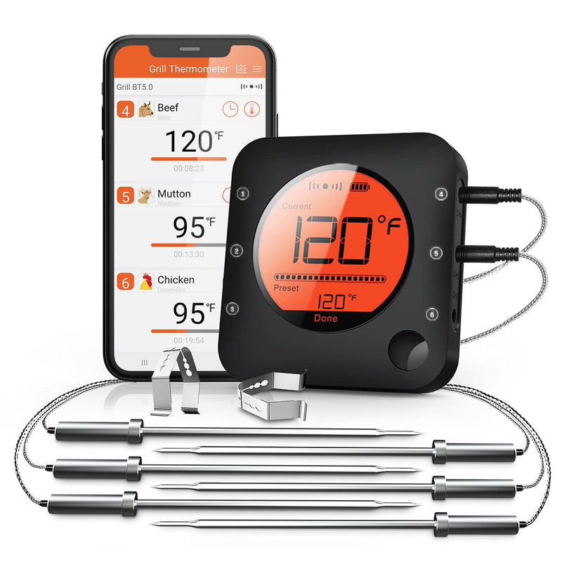 BFOUR Bluetooth Meat Thermometer Wireless Meat Thermometer, Wireless Digital Grill Thermometer with 6 Temperature Probes, Large LCD Display, Bluetooth Thermometer for Grill, Smoker, Oven and BBQ 6 x Probes