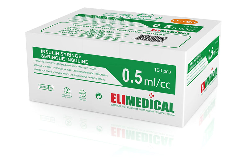 Elimedical Veterinary Insulin Syringe, U-100, 0.5cc (0.5ml), 27g x 1/2 inch (12.7mm), Individually Packed, for Pet Cat or Dog, 100 per Box, 05V2713VB