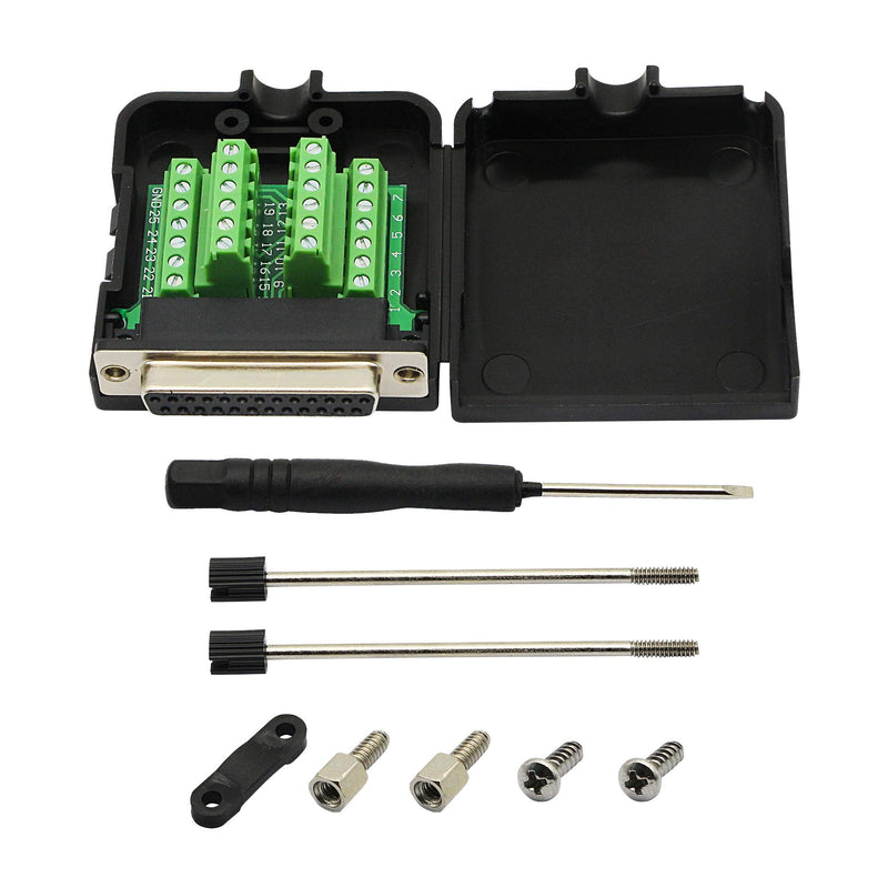  [AUSTRALIA] - CERRXIAN DB25 Breakout Board, DB25 Female D-SUB Connector to DB25 Screw Wiring Solderless Terminal Module Breakout PCB Board Kits with Plastic Case (F Black)