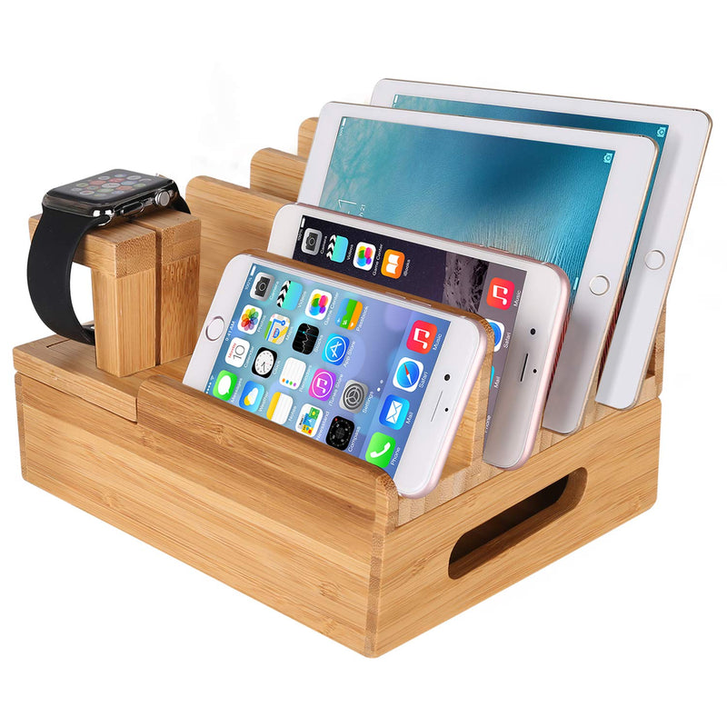 Bamboo Wood Multi-Device Desktop Charging Dock Station Charger Holder Cradle Charge Stand Compatible iPhone 16 15 14 13 Pro Max iPad Mini Pro Air Apple Watch Ulrta 10 9 8 7 6 5 4 3 2 iWatch Smartphone Medium