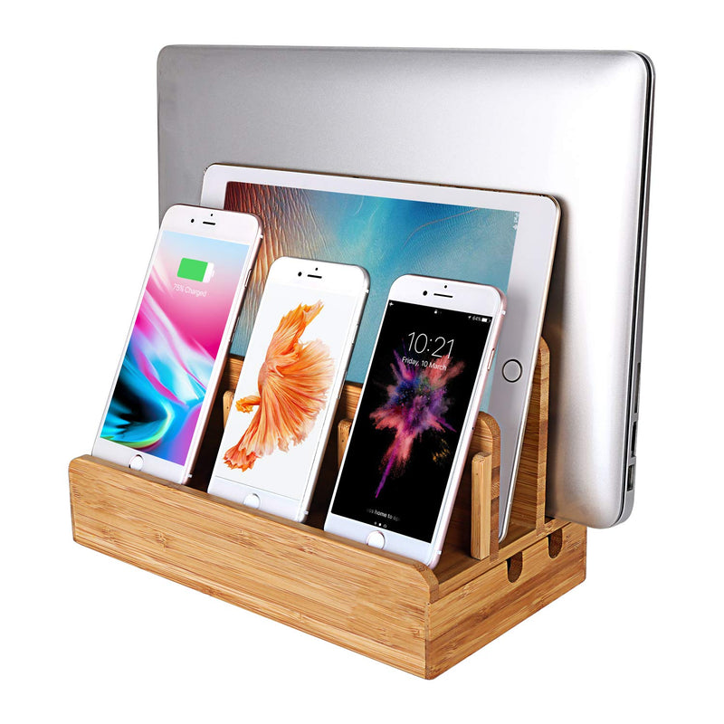Bamboo Wood Multi-Device Desktop Charging Dock Station Charger Holder Cradle Stand Compatible for iPhone 16 15 14 13 12 11 Pro Max iPad mini Pro Air Laptop Tablets Samsung LG Sony Smartphones Large