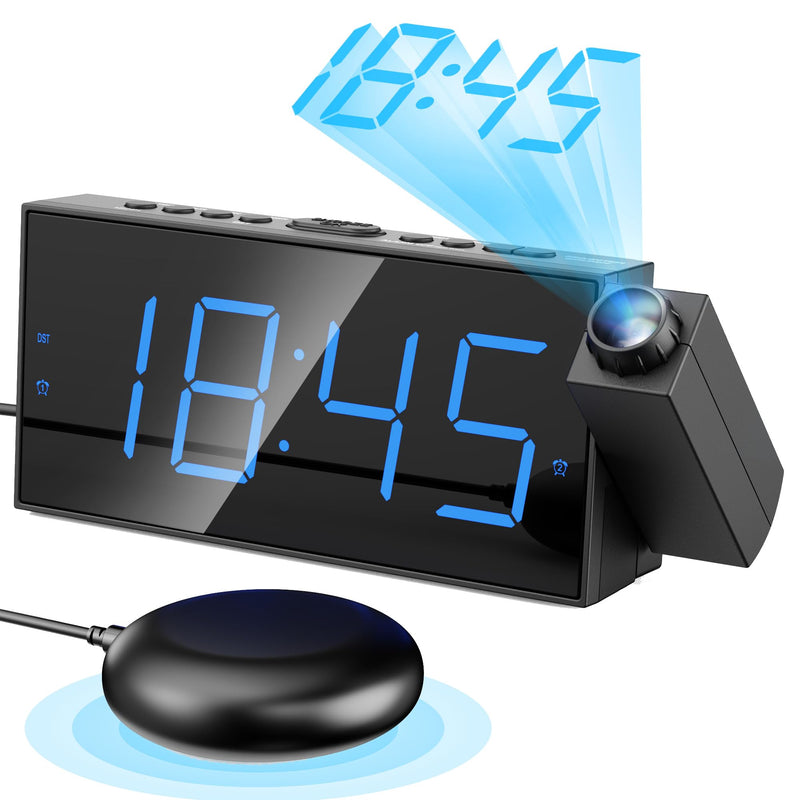 Mesqool Projection Alarm Clock, Loud Vibrating Alarm Clock for Heavy Sleepers, Adjustable Projection Brightness,Hearing Impaired & Deaf People, Digital Alarm Clock with USB Charging Port with Projection & Bed Shaker Blue Digits; Blue Projection