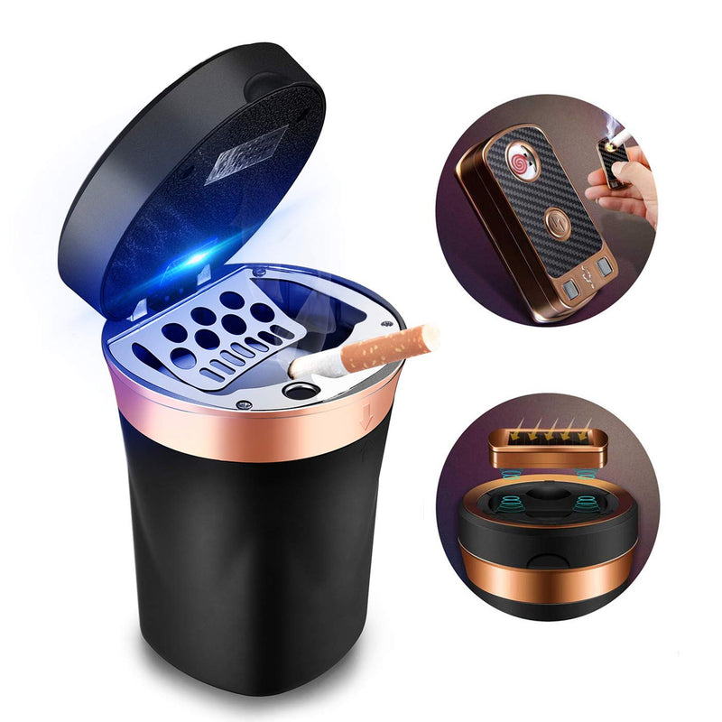 Car Ashtray, Auto Ashtray Cigar Electronic Cigarette Lighter Detachable Solar Powered/USB Rechargeable with Lid Blue LED Light for Most Car Cup Holder Home Office (Black) Black