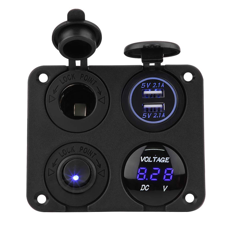 Waterproof 4 Gang Marine Boat ON/Off Toggle Switch Panel & 4.2A Dual USB Socket & Voltmeter & Cigarette Lighter Blue LED Light(Blue)