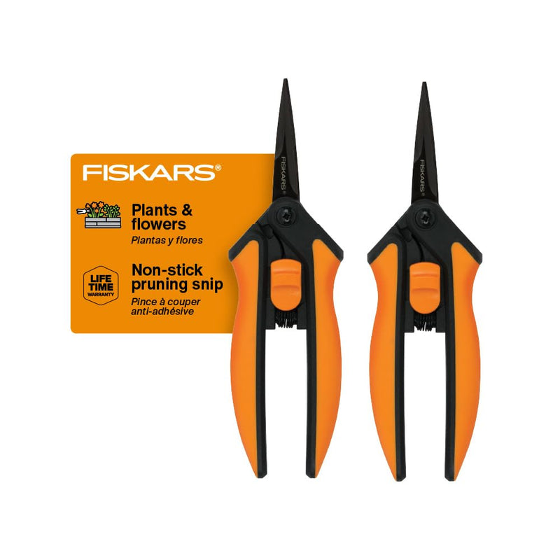 Fiskars 6" Pruning Scissors (2-Pack) for Flowers, Buds, Weeds and Small Plants, Garden Snips with Resin Resistant Nonstick Stainless Steel Blades, Gardening Trimmers with Comfortable Handle Non-Stick Snips (2-Pack)