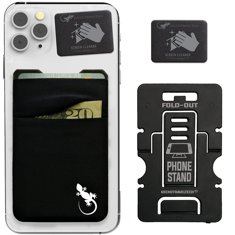 Double Pocket Gecko Phone Wallet - Smartphone Adhesive Card Holder - Cell Phone Pouch - Mobile Stick on Lycra Pocket by Gecko - Carry Credit Cards and Cash – (BLACK-WHITE) BLACK-WHITE