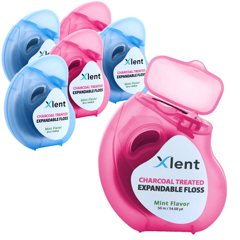 Expandable Floss Treated with Activated Charcoal with Xylitol and Natural Plant Based Wax |Fresh Mint Flavor | 50 Meter (6 Count) 164.04 Foot (Pack of 6)