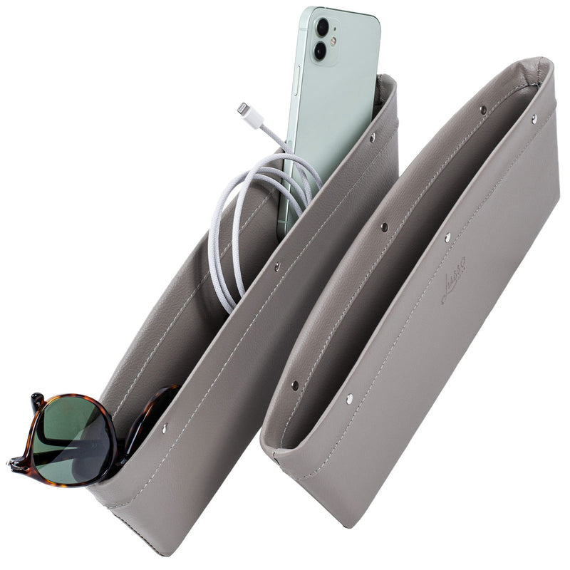 Lusso Gear Car Seat Gap Organizer - 2-Pack, Gray Faux Leather - Fits 0.5"-2" Slots & Secures Phone, Keys & Glasses - Between-Seat Storage