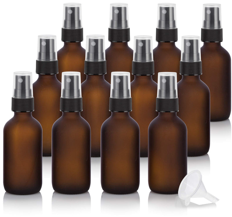 JUVITUS (12 Pack) 2 oz Frosted Amber Glass Boston Round Bottle with Black Fine Mist Spray + Funnel