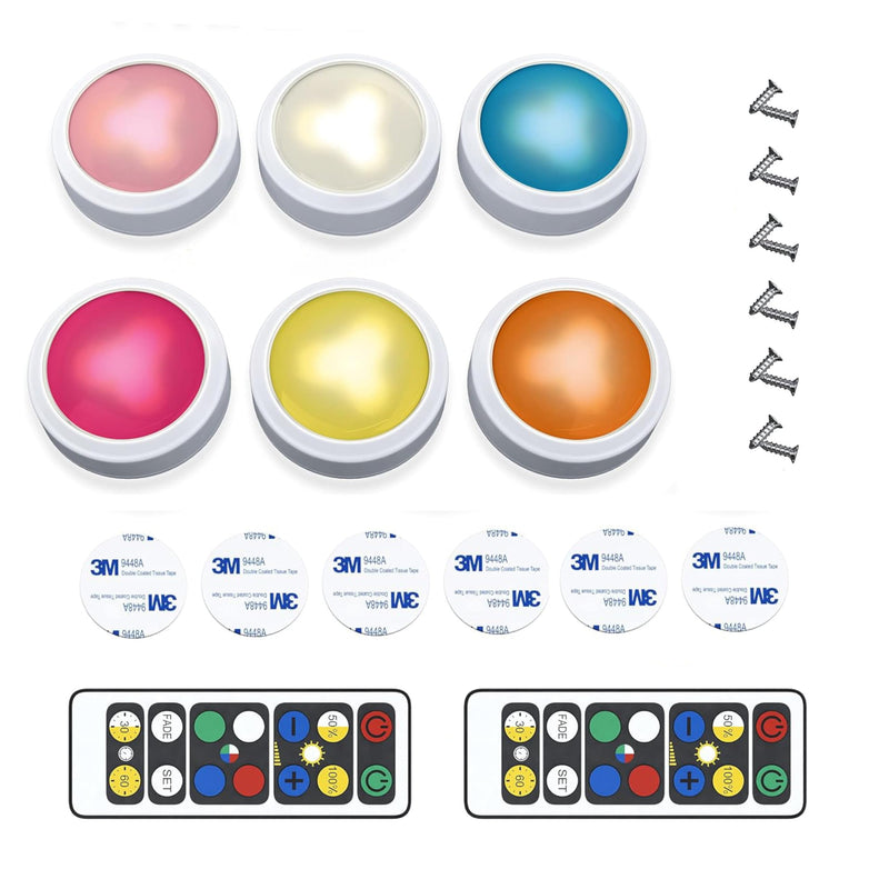 Brilliant Evolution 6-Pack Wireless RGB LED Lights - Battery Operated Puck Lights with 2 Remotes - Color-Changing LED Under Cabinet Lighting - 55 Lumens Each Night Light for Cabinets, Shelves, Walls