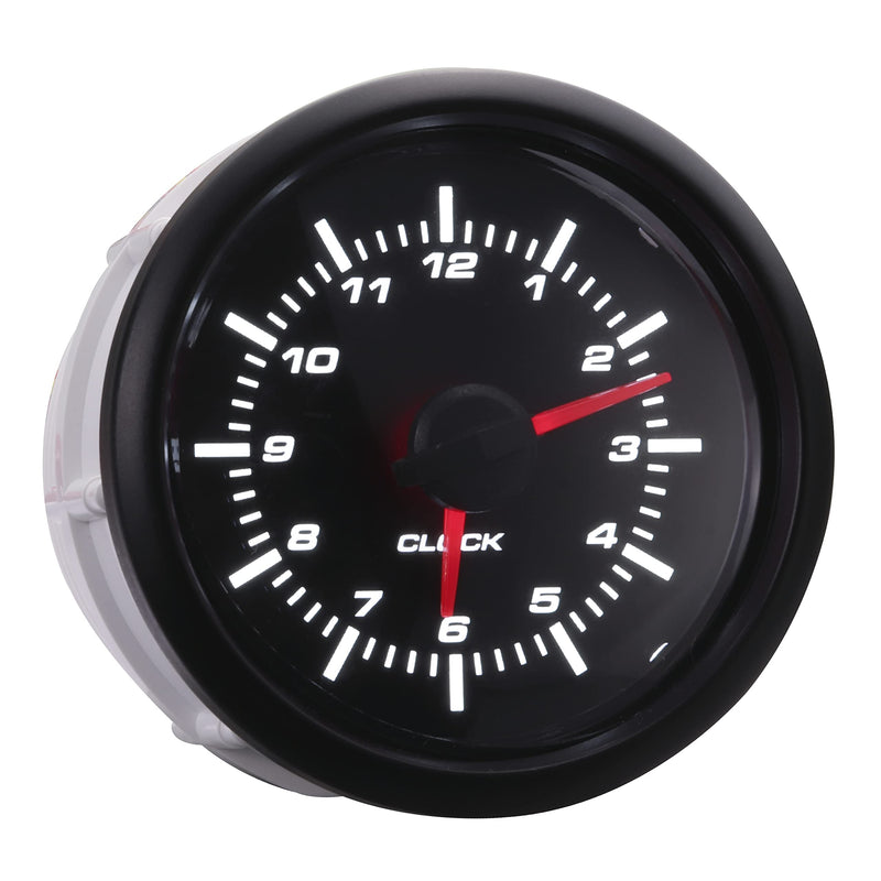 MOTOR METER RACING MGS Series 52mm 2-1/16" Electrical Clock Gauge 0~12 Hour Format Black Dial White LED Backlit Waterproof 12 Hour Format Black Dial Black Bezel