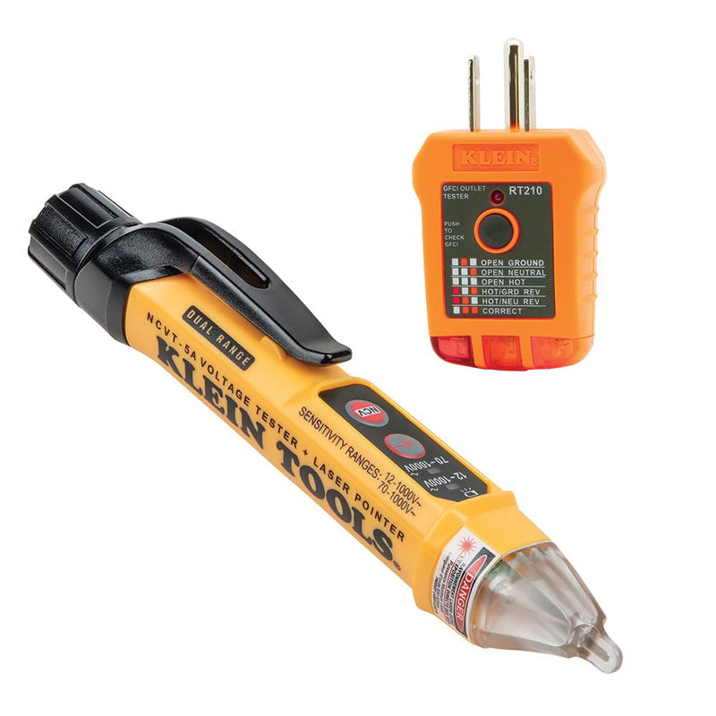 Klein Tools NCVT5KIT Electrical Test Kit, Dual-Range Non-Contact Voltage Tester with Laser Pointer and GFCI Receptacle Tester 2-piece Kit