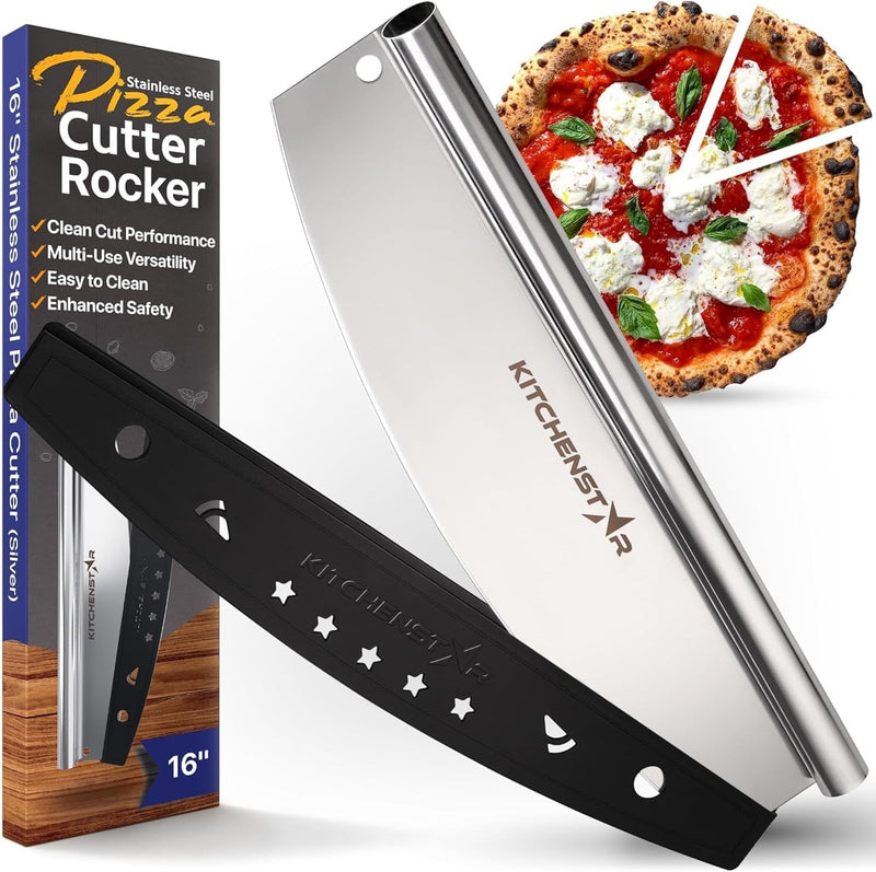 KitchenStar 16-Inch Pizza Cutter Rocker Blade - Sharp Stainless Steel Slicer Knife, Protective Cover, Dishwasher Safe, Large - Professional Pizza Oven Accessories 16 inch a) Silver