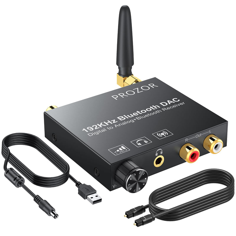 PROZOR 192kHz Digital to Analog Audio Converter with 5.0 Bluetooth Receiver,Optical to L/R Converter with Volume Adjustable, Optical Coaxial Bluetooth Digital Audio to Stereo Analog L/R & 3.5mm DAC Bluetooth Receiver with Adjustable Volume