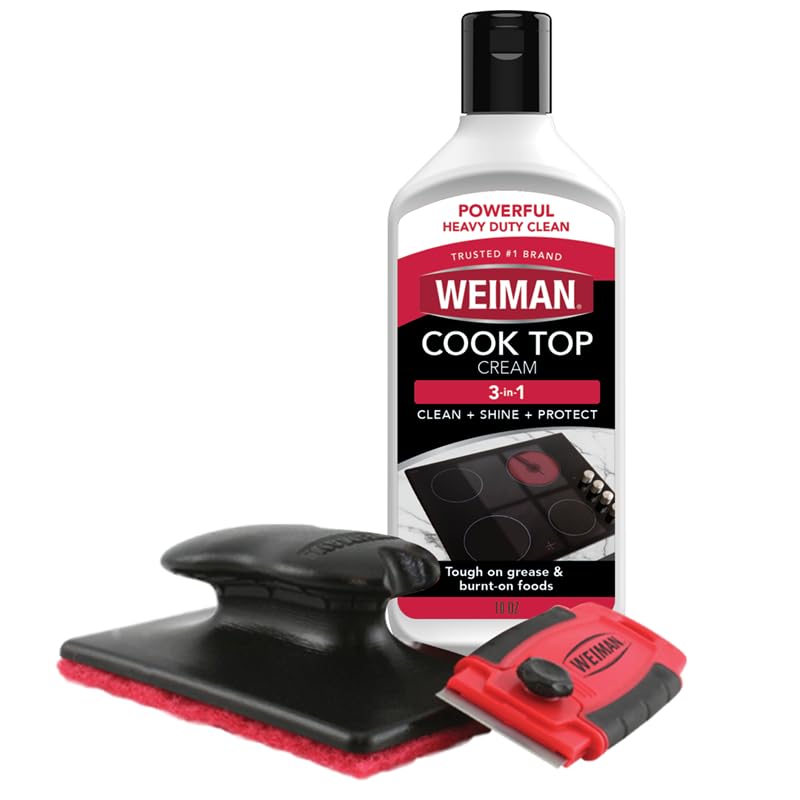  [AUSTRALIA] - Weiman Glass & Ceramic Cooktop, Stove Top & Oven Cleaner Kit – Kitchen Cleaner Cream, 3 Scrubbing Pads & Scraper for Burnt-On Food & Grease, Clean Shine - Safe for Induction, Electric & Gas Cooktops