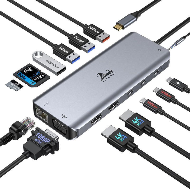 USB C Docking Station Dual Monitor for Laptop, LIONWEI 14-in-1 USB-C Hub with Triple Display, 2 HDMI + VGA, Ethernet, 6 USB A/C 3.0/2.0, PD, SD/TF, Audio, USBC Dock for Surface/HP/Dell/Lenovo/MacBook 14 in 1 VGA