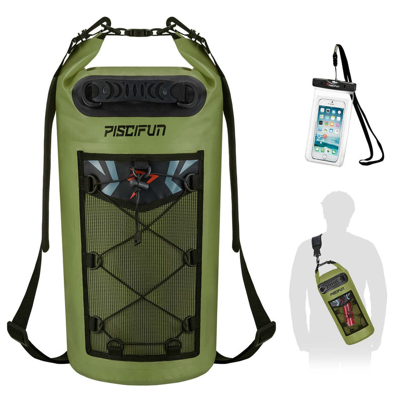 Piscifun Dry Bag, Waterproof Floating Backpack 10L/20L/30L/40L with Waterproof Phone Case for Boating, Kayaking, Fishing Army Green