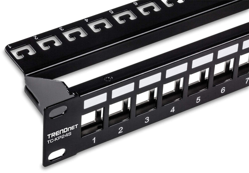 TRENDnet 24-Port Blank Keystone Shielded 1U Patch Panel, 1U 19" Rackmount Housing, Protects Against EMI/RFI Noise, Recommended with TC-K06C6A Cat6A Keystone Jacks (Sold Separately), Black, TC-KP24S 24-Port Shielded Blank Keystone