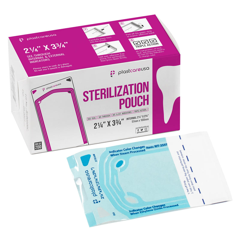 1000 2.25 x 2.75 Self Sealing Sterilization Pouches - Autoclave Sterilizer Bag Pouch for Sterilizing Dental Medical Instruments & Cleaning Tools - Latex-Free, Color Changing Indicator by PlastCare USA 1000