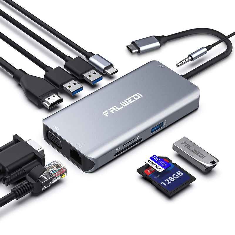 USB C Hub, Type C Adapter, FALWEDI 10-in-1 Dongle with Ethernet, 4K@30Hz HDMI, VGA, 3 USB3.0, SD/TF Card Reader, Mic/Audio, USB-C PD 3.0, Compatible for MacBook Air Pro and Other Type C Laptops