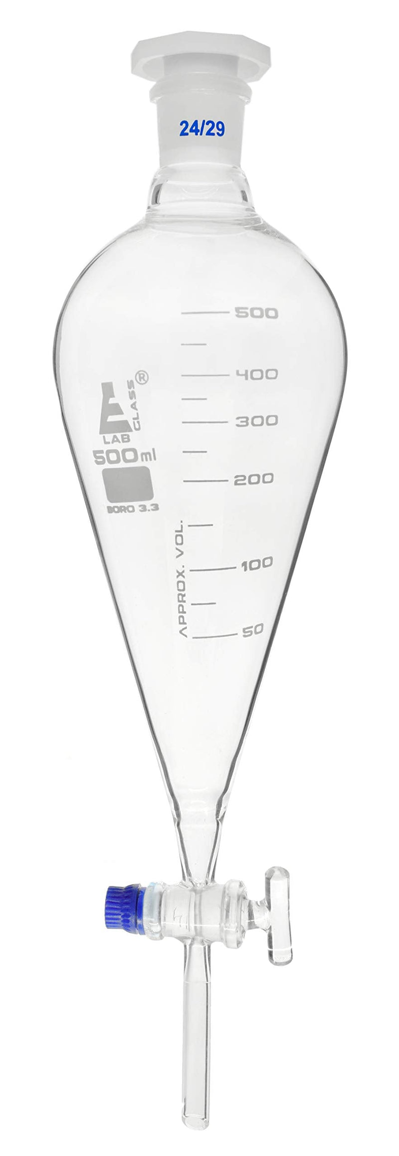 EISCO Squibb Separating Funnel, 500ml - 24/29 Plastic Stopper, Glass Key Stopcock, Graduated - Borosilicate Glass