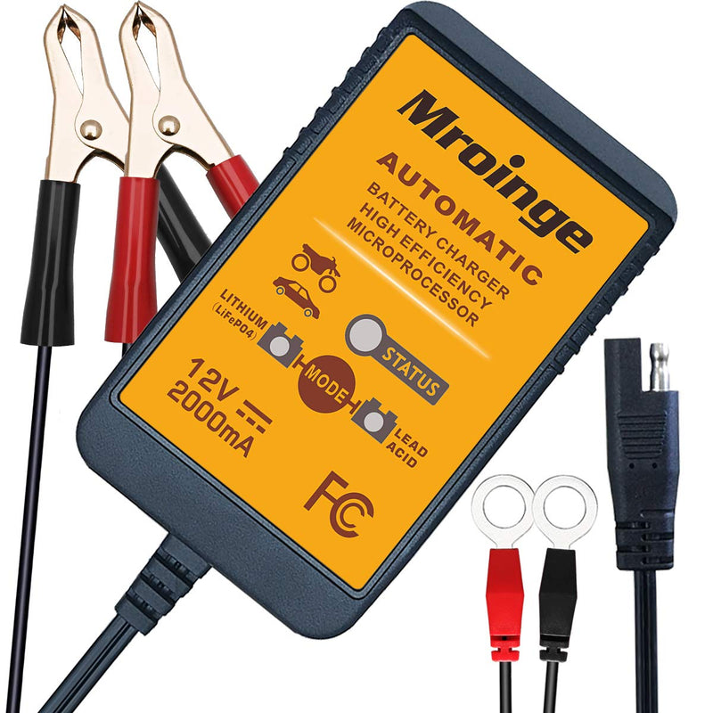 MBC022, 12V 2A Lead Acid & Lithium(LiFePO4) Automatic Trickle Battery Charger Smart Battery Maintainer for Car Motorcycle Lawn Mower Boat ATV SLA AGM Gel Lithium(LiFePO4) and More Batteries