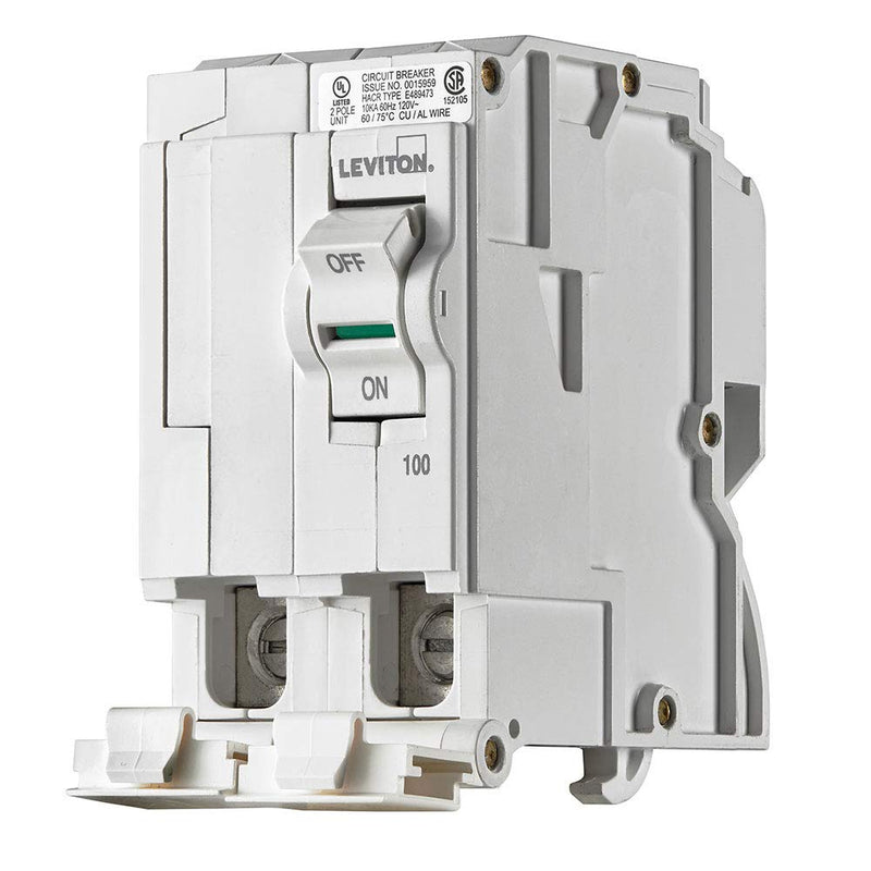 Leviton 100A 2-Pole Plug-On Standard Branch Circuit Breaker, Hydraulic Magnetic, 120/240 VAC, LB200, White 2-Pole 100-Amp