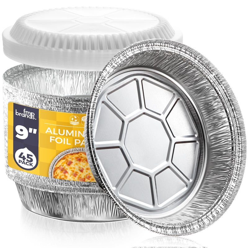 Fit Meal Prep 45 pack 9" Round Aluminum Foil Pans with Clear Dome Lids, Pie Tins Disposable 9 inch with Lids, Take Out Containers, Freezer Oven Safe Aluminum Baking Pans for Storing, Cooking, Storage