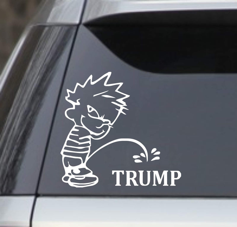 White 6" Calvin Peeing Piss Pissing On Trump President Window Sticker Decal – (Anti Trump Stop Impeach Resist Bumper Election) Good for Cars, Trucks, laptops, lockers etc
